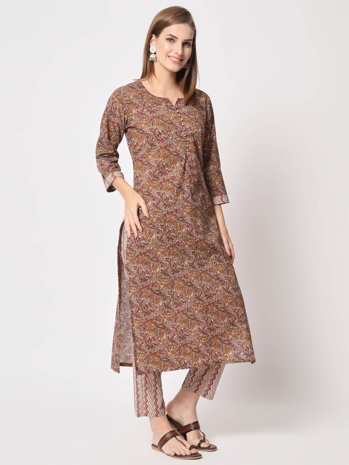  Rajwada - Brown Cotton Printed Stitched Kurta Set