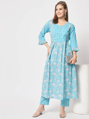  Rajwada - Modern Light Blue Cotton Printed Stitched Kurta Set