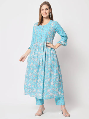  Rajwada - Modern Light Blue Cotton Printed Stitched Kurta Set