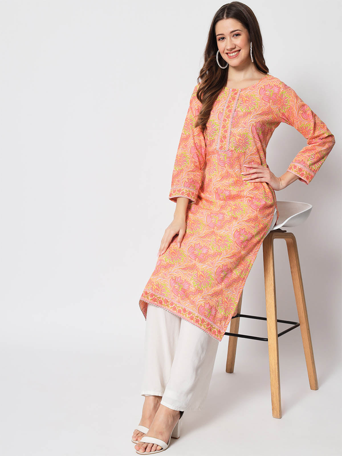  Rajwada - Designer Peach Cotton Printed Stitched Kurta