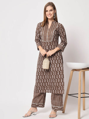  Rajwada - Stunning Brown Cotton Printed Stitched Kurta Set