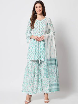  Rajwada - Classic Blue Cotton Printed Stitched Kurta Set