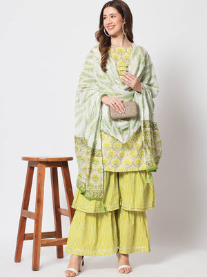 Rajwada - Stylish Lime Green Cotton Printed Stitched Kurta Set