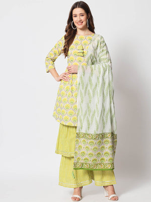 Rajwada - Stylish Lime Green Cotton Printed Stitched Kurta Set