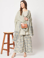 Rajwada - Classic Beige And Blue Cotton Printed Stitched Kurta Set