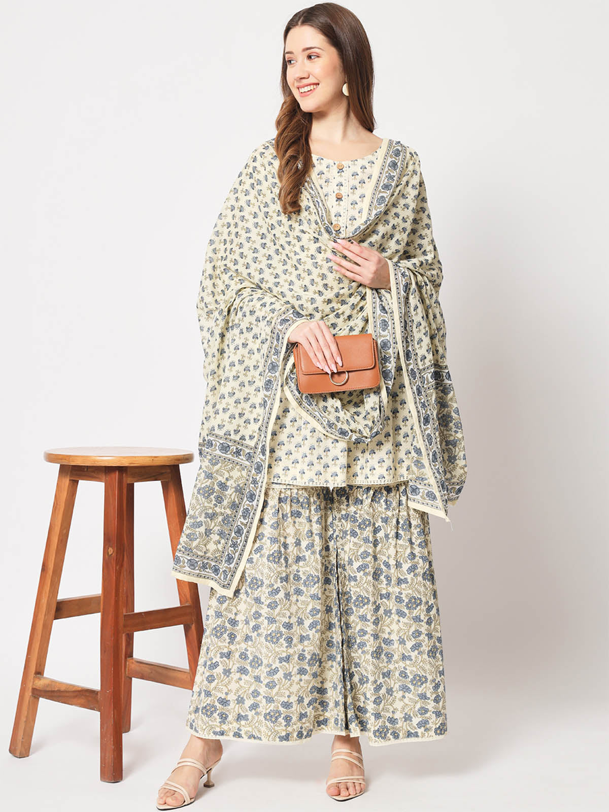 Rajwada - Classic Beige And Blue Cotton Printed Stitched Kurta Set