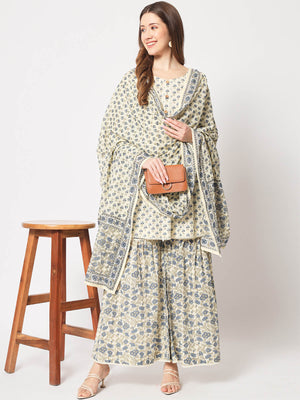 Rajwada - Classic Beige And Blue Cotton Printed Stitched Kurta Set