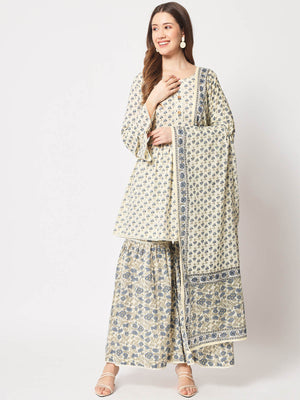 Rajwada - Classic Beige And Blue Cotton Printed Stitched Kurta Set