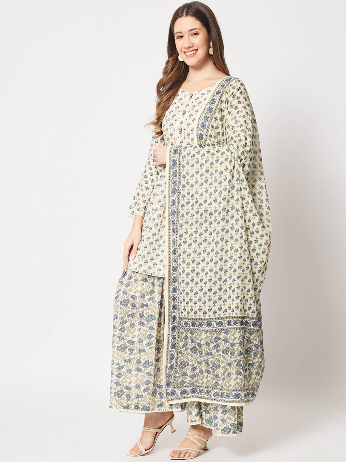 Rajwada - Classic Beige And Blue Cotton Printed Stitched Kurta Set