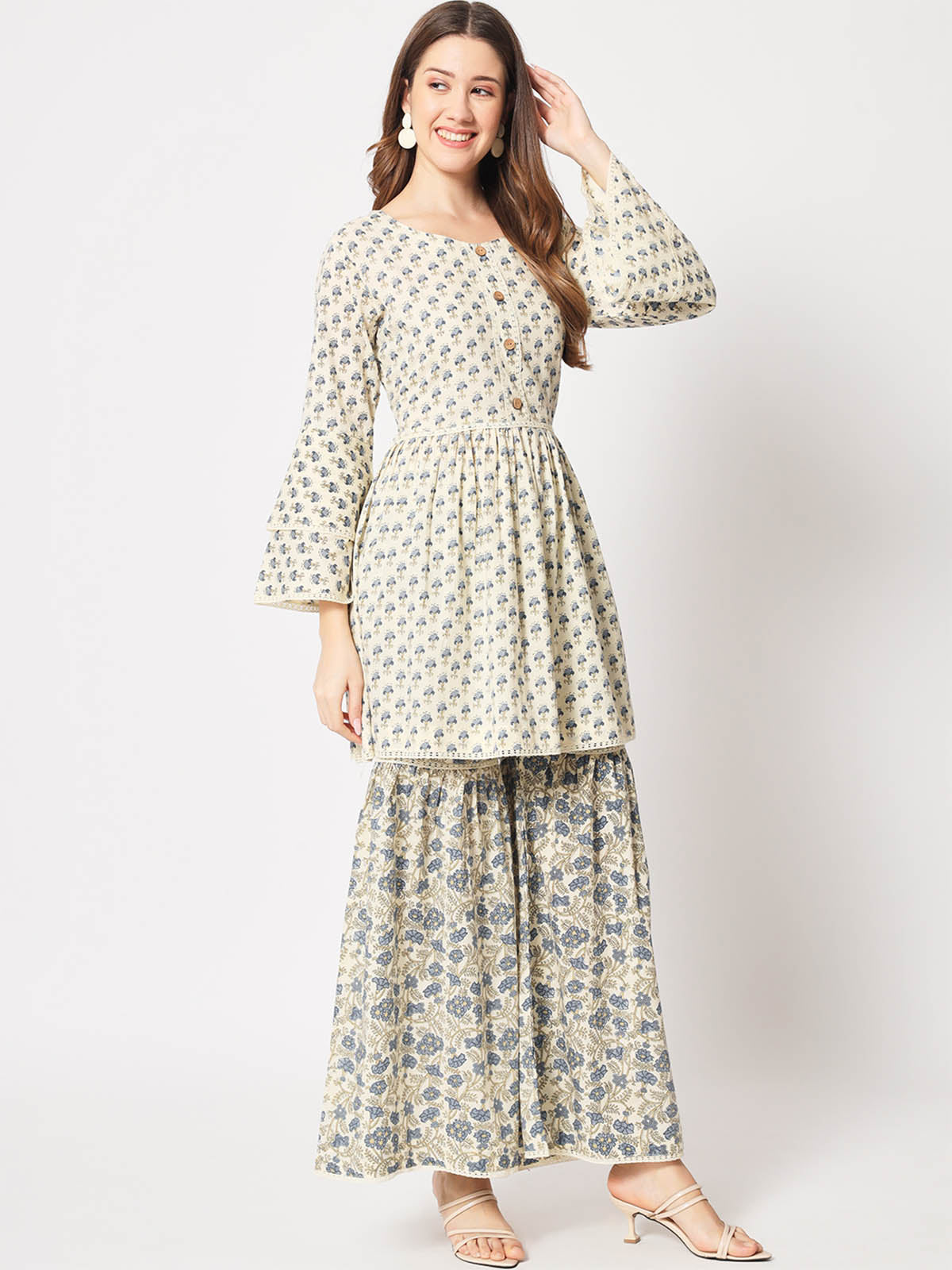 Rajwada - Classic Beige And Blue Cotton Printed Stitched Kurta Set
