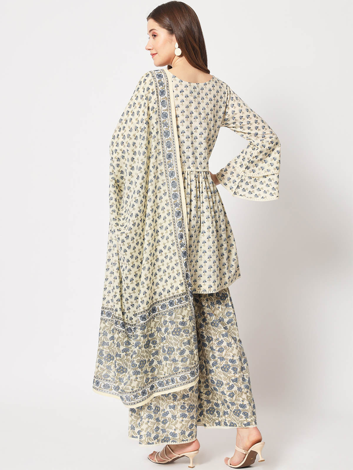 Rajwada - Classic Beige And Blue Cotton Printed Stitched Kurta Set