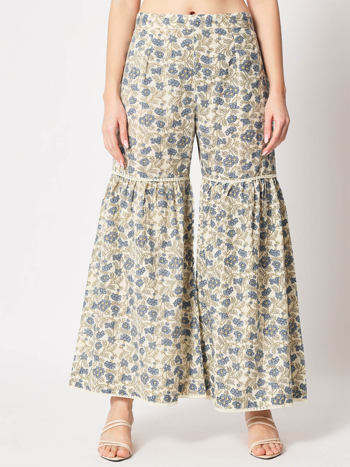 Rajwada - Classic Beige And Blue Cotton Printed Stitched Sharara Pant