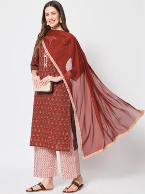 Rajwada - Stunning Maroon Cotton Printed Stitched Kurta Set