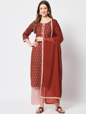 Rajwada - Stunning Maroon Cotton Printed Stitched Kurta Set