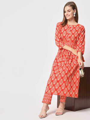 Rajwada - Attractive Orange Cotton Printed Stitched Kurta Set