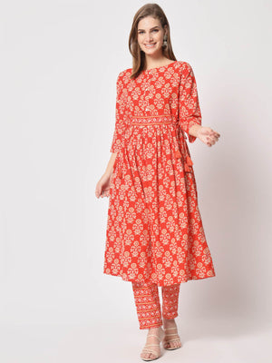 Rajwada - Attractive Orange Cotton Printed Stitched Kurta Set