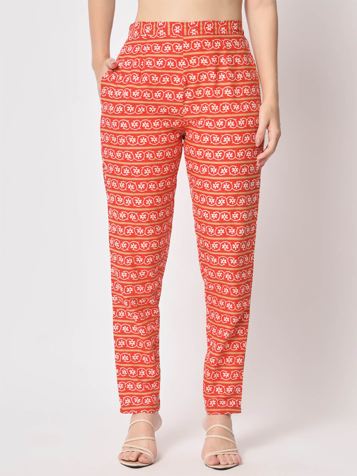 Rajwada - Attractive Orange Cotton Printed Stitched Pant