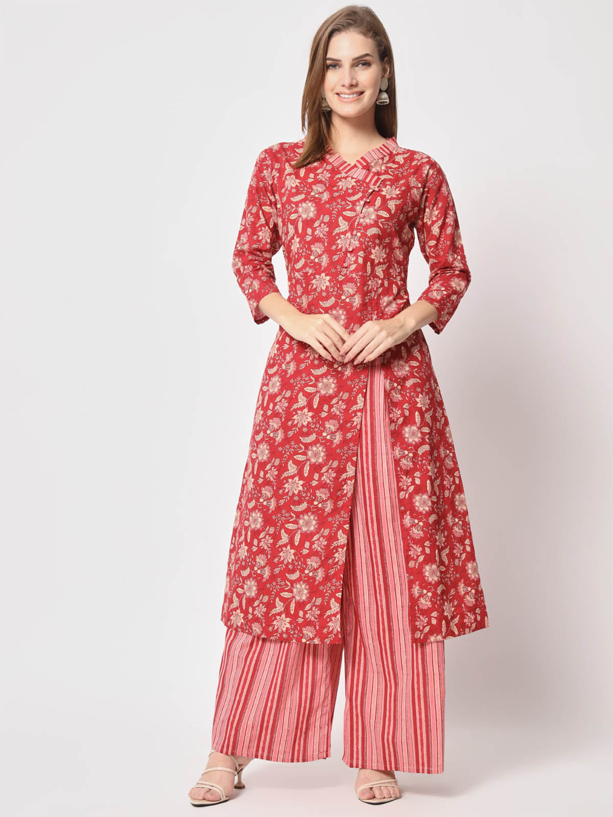  Rajwada - Pretty Red Cotton Printed Stitched Kurta Set