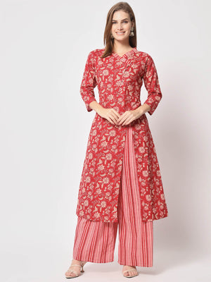  Rajwada - Pretty Red Cotton Printed Stitched Kurta Set