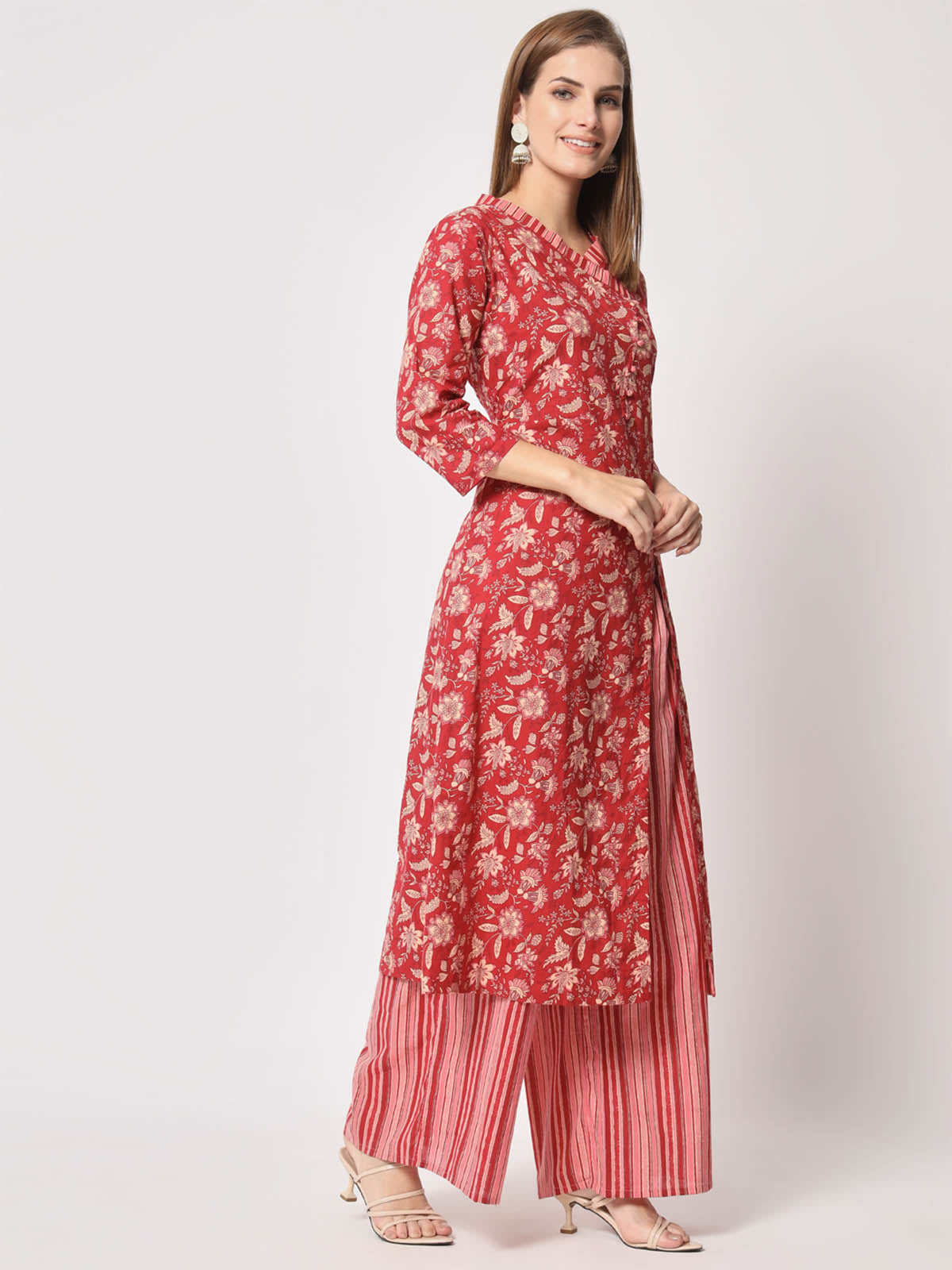  Rajwada - Pretty Red Cotton Printed Stitched Kurta Set