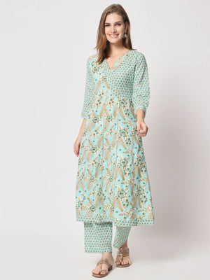  Rajwada - Stylish Blue Cotton Printed Stitched Kurta Set