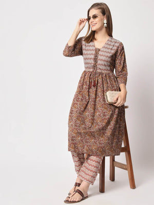  Rajwada - Classic Brown Cotton Printed Stitched Kurta Set