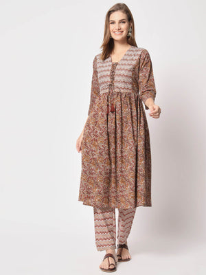  Rajwada - Classic Brown Cotton Printed Stitched Kurta Set