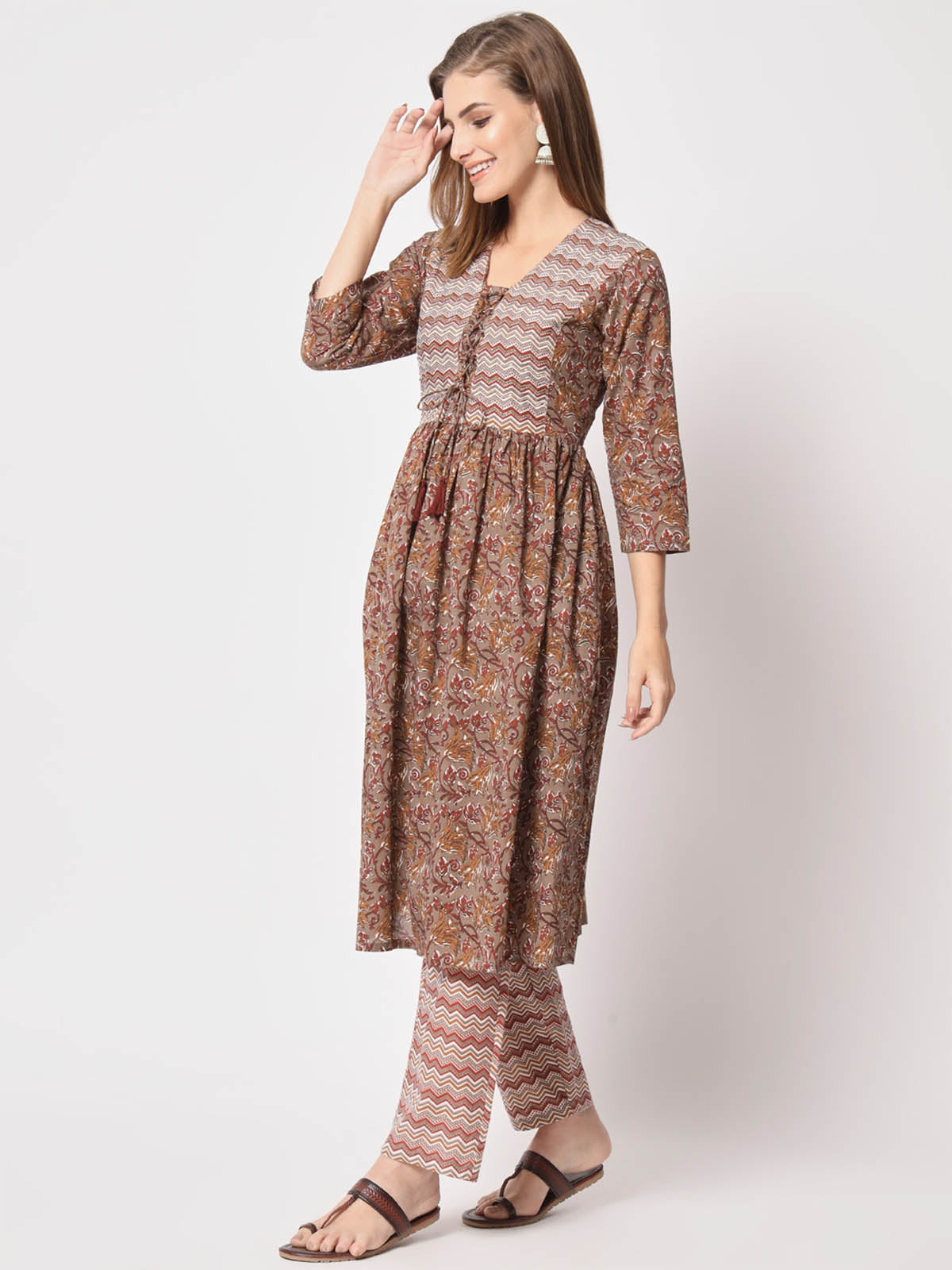 Rajwada - Classic Brown Cotton Printed Stitched Kurta Set