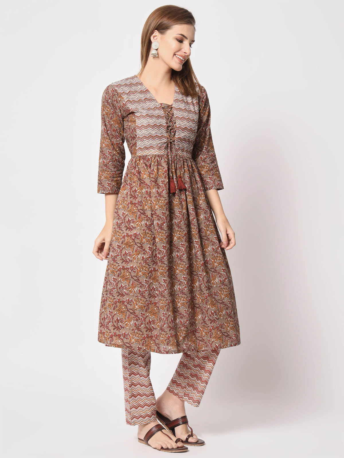  Rajwada - Classic Brown Cotton Printed Stitched Kurta Set