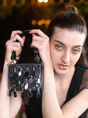 Rajwada Black Embellished Clutch With Tassels For Women