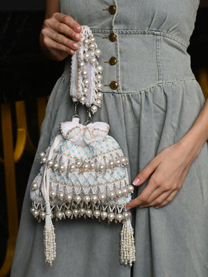 Rajwada White Embroidered Potli Bag with Tassels For Women