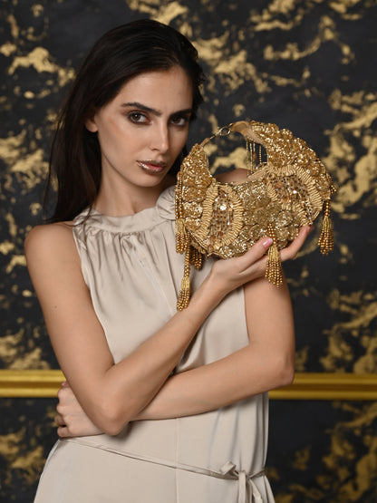 Rajwada Gold Embellished Clutch With Tassels For Women