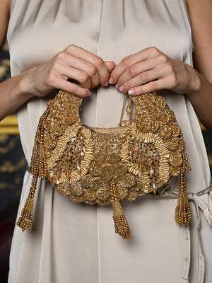 Rajwada Gold Embellished Clutch With Tassels For Women