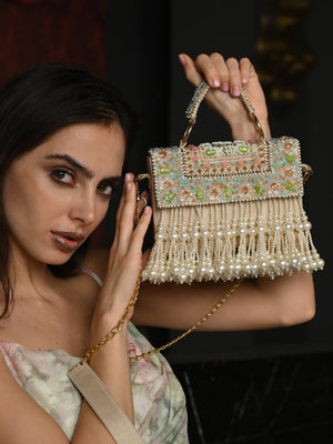 Rajwada Off White Embroidered Clutch With Tassels For Women