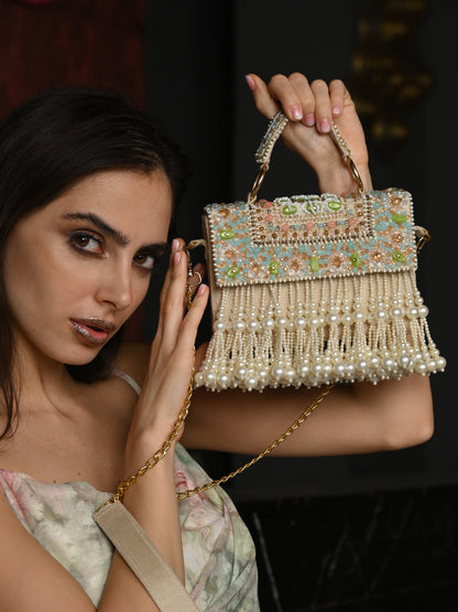 Rajwada Off White Embroidered Clutch With Tassels For Women