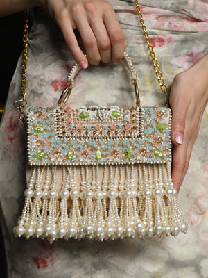 Rajwada Off White Embroidered Clutch With Tassels For Women