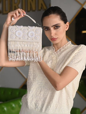 Rajwada White Tassels Embellished Clutch For Women