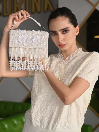 Rajwada White Tassels Embellished Clutch For Women