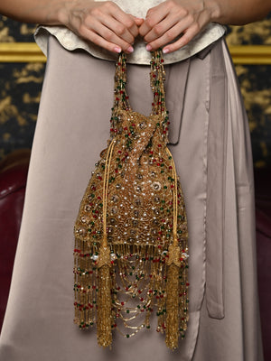 Rajwada Golden Embroidered Potli Bag For Women
