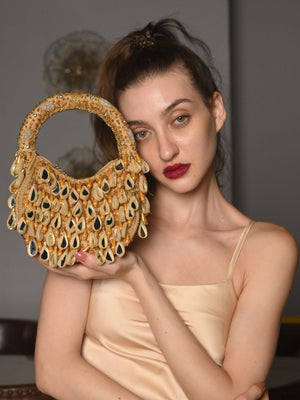 Rajwada Beige Embellished Moon Clutch With Tassels For Women