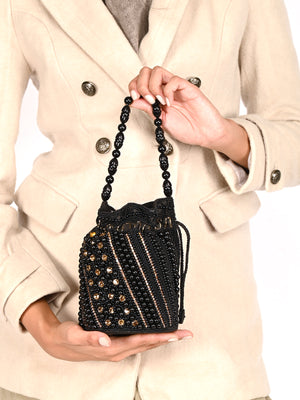 Rajwada Black Embroidered Potli Bag with Tassels For Women