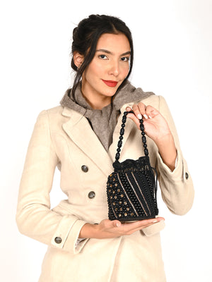 Rajwada Black Embroidered Potli Bag with Tassels For Women