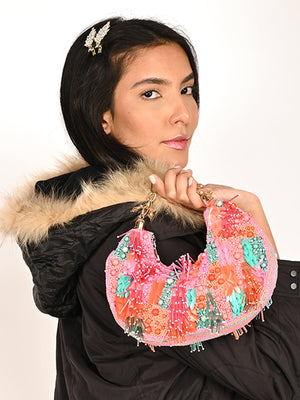 Rajwada Multicolored Tasseled Moon Clutch For Women