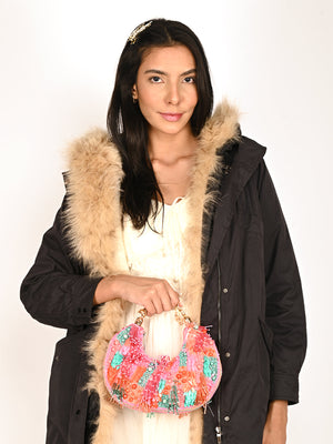 Rajwada Multicolored Tasseled Moon Clutch For Women