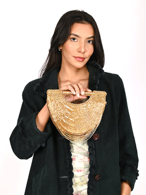 Rajwada Gold Tasseled Moon Clutch For Women
