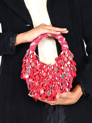 Rajwada Magenta Tasseled Moon Clutch For Women