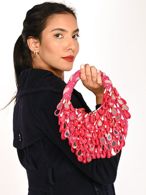 Rajwada Magenta Tasseled Moon Clutch For Women