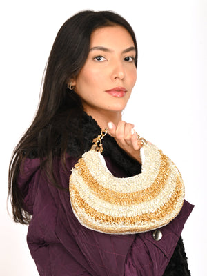 Rajwada Gold And Silver Tasseled Moon Clutch For Women