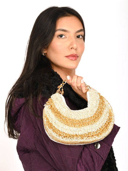 Rajwada Gold And Silver Tasseled Moon Clutch For Women