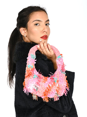 Rajwada Multicolor Tasseled Moon Clutch For Women